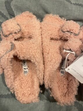 Papillio Plush Double-Strap Sherpa Slides in Blush Pink Birkenstock